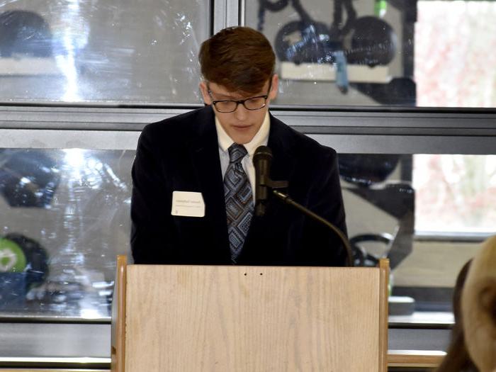 -	Penn State DuBois student Hunter Raffeinner speaks during the scholarship luncheon at the PAW Center.